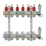 Колектор 1" Ж/Ж с разходомер, автоматичен обезвъздушител и дренаж – 5 отвора, неръждаем 0
