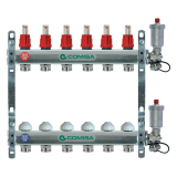 Колектор 1" Ж/Ж с разходомер, автоматичен обезвъздушител и дренаж – 6 отвора, неръждаем 0